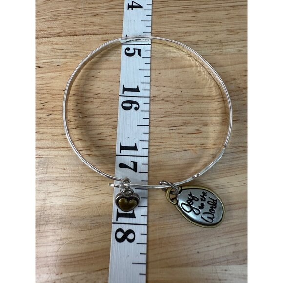 Brighton Silver & Gold-Tone Bangle Bracelet W/ Charms "Joy To The World" & Heart - Picture 6 of 8